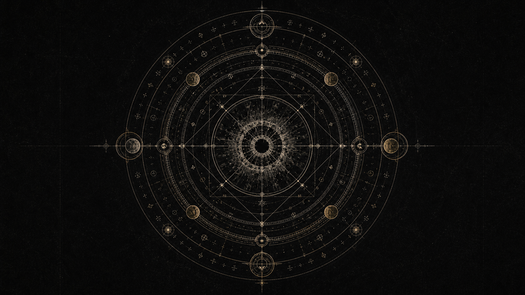 Engraved circular illustration with concentric rings, celestial symbols, and geometric linework.