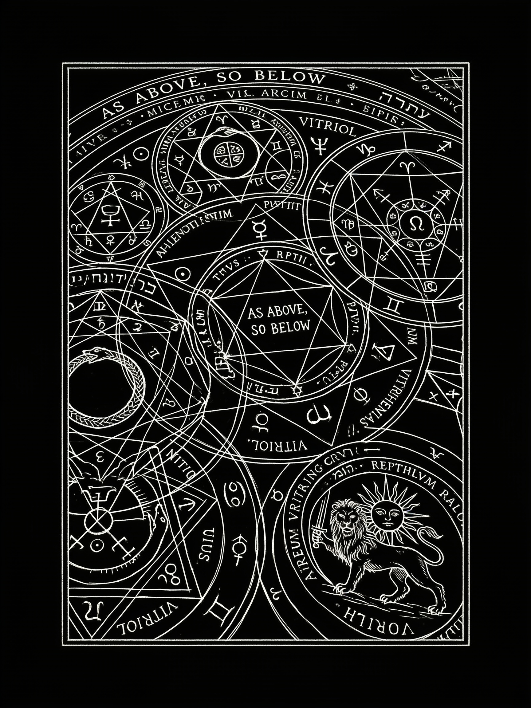 Engraved archival-style plate with circular symbols and geometric linework on a dark background.
