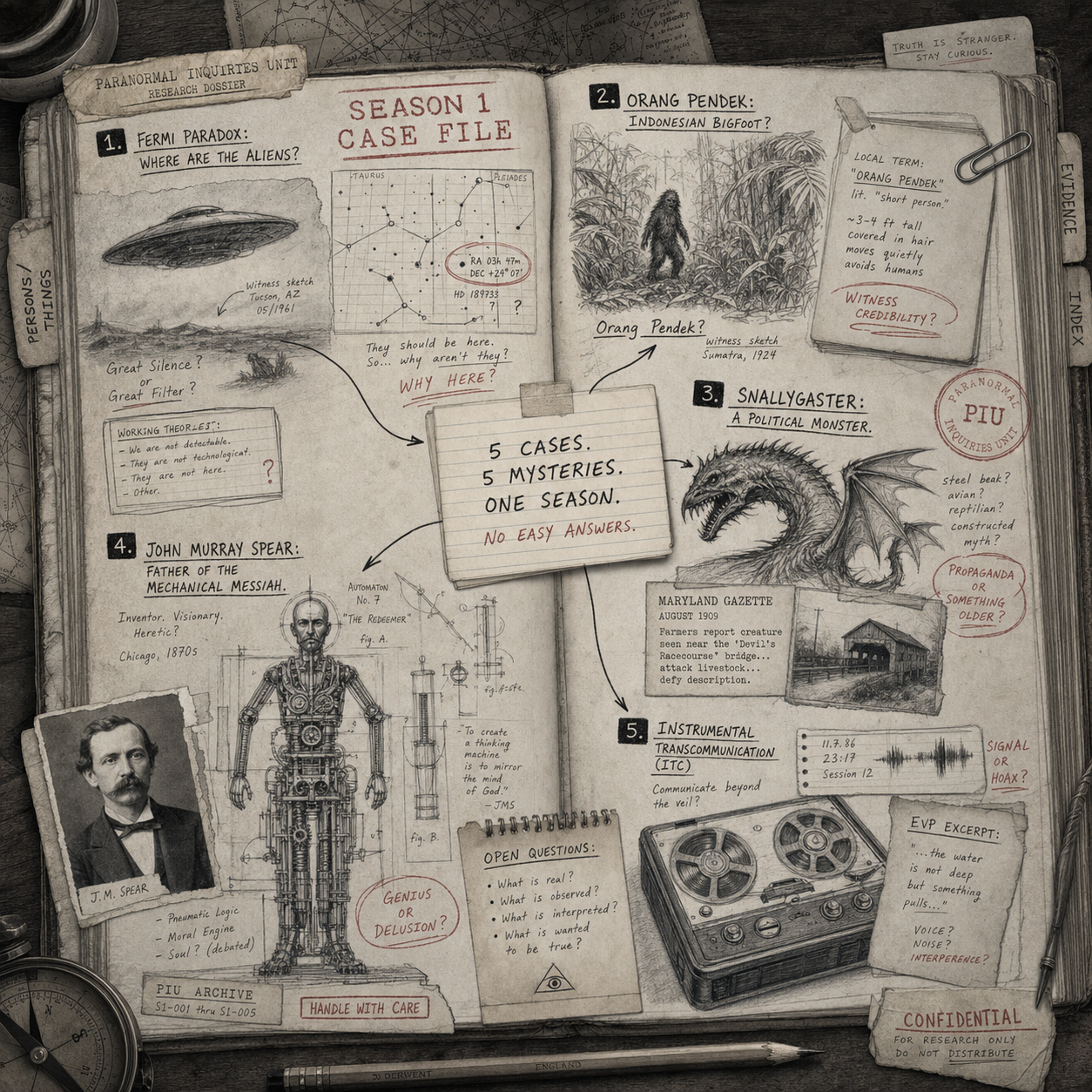 Season 1 investigator casefile collage with UFO sketches, cryptid notes, a mechanical spiritual diagram, and instrumental transcommunication annotations.