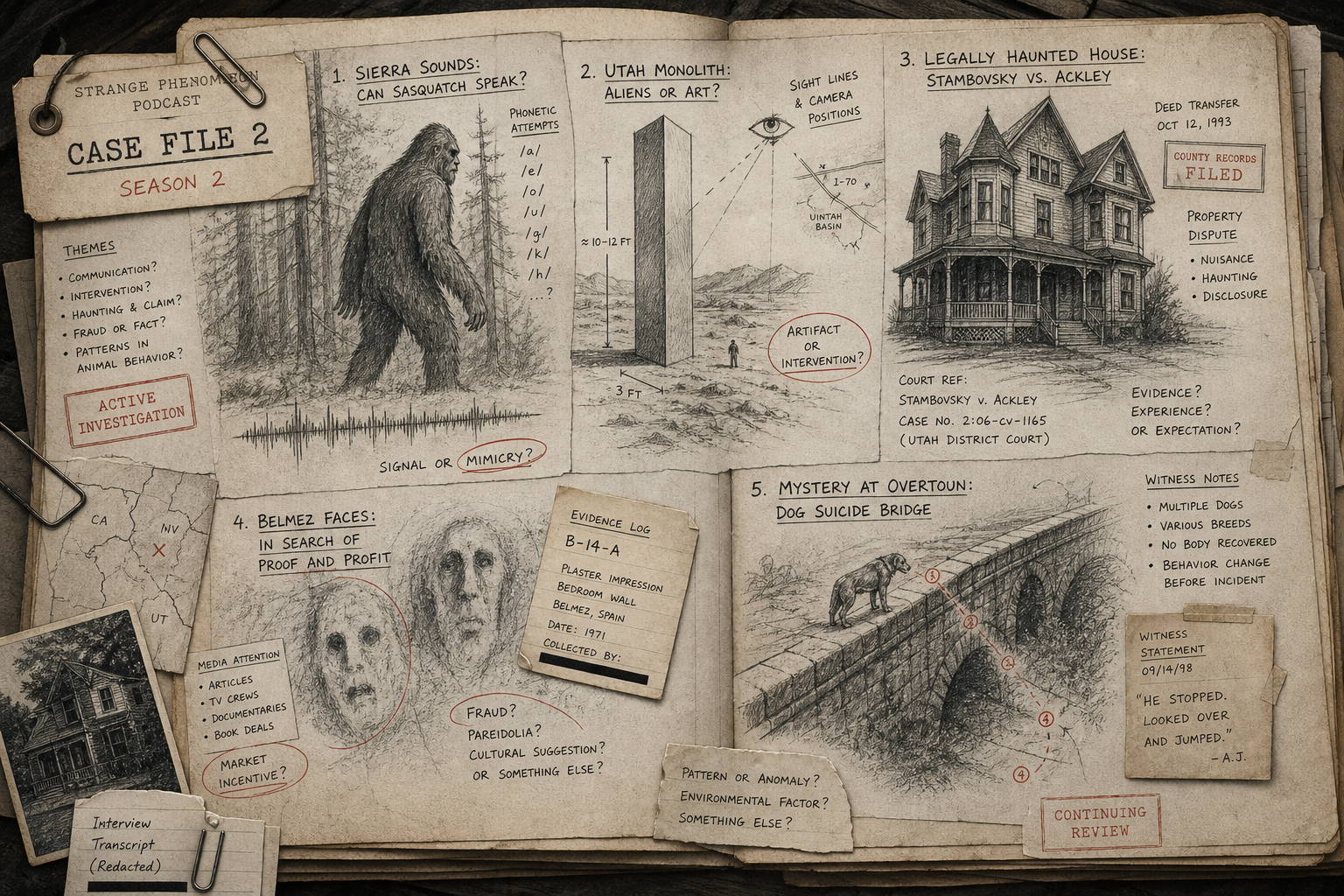 Case File 2 dossier collage with Sierra Sounds, Utah Monolith, Legally Haunted House, Belmez Faces, and Mystery at Overtoun investigation notes.