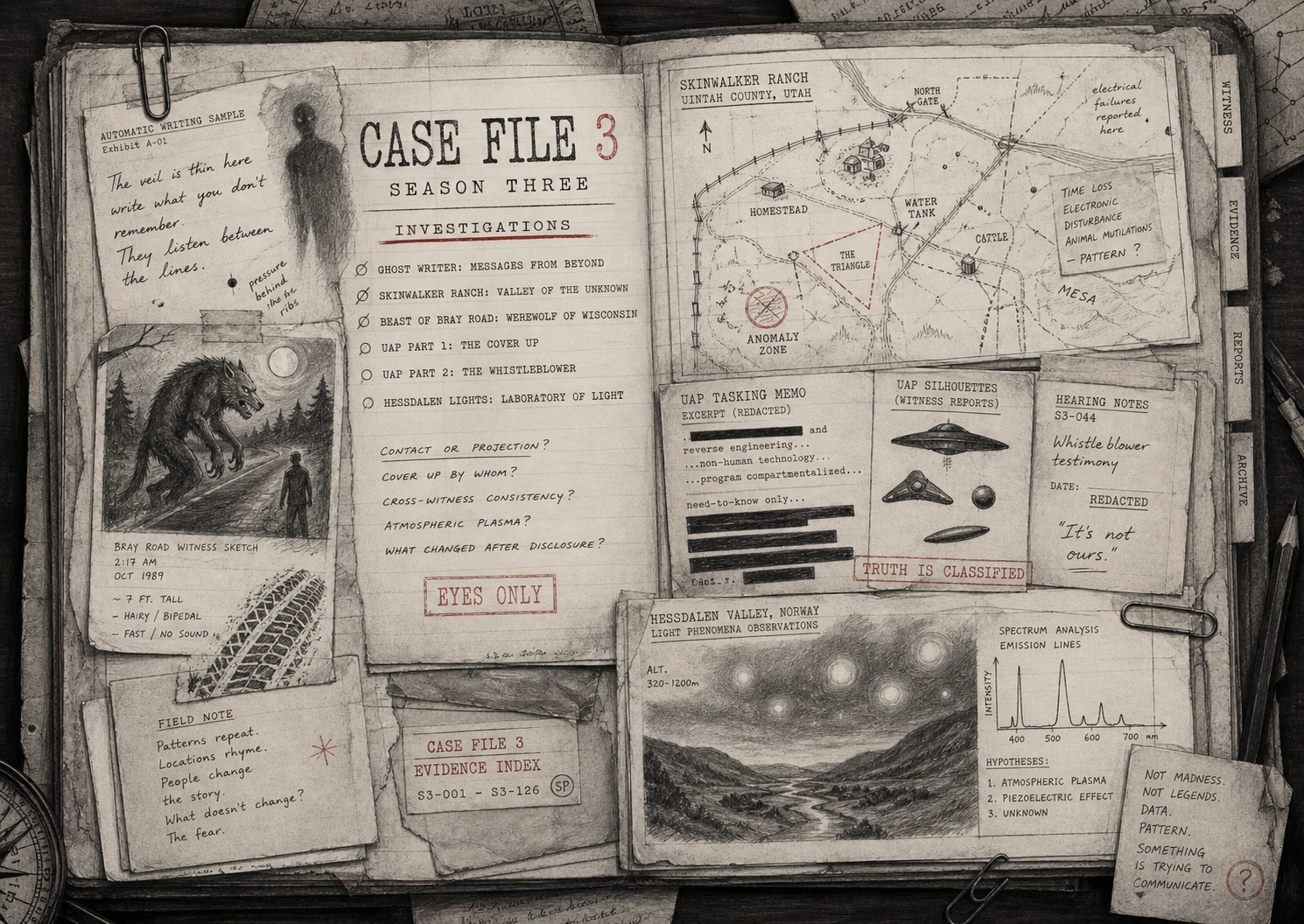 Case File 3 dossier collage with Ghost Writer, Skinwalker Ranch, Bray Road, UAP, and Hessdalen Lights investigation notes.